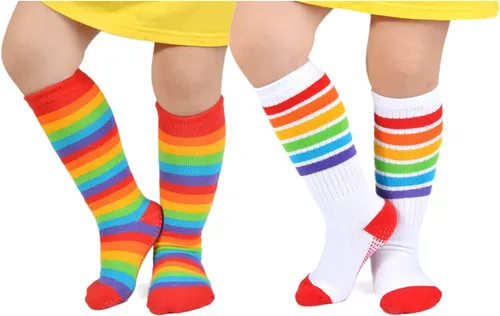 Miniatura 16 de EPEIUS Calcetines altos hasta la rodilla con rayas de arco iris para bebé, calcetines de tubo antideslizantes para uniforme de fútbol para niños