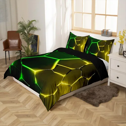 Miniatura 2 de Feelyou Juego de funda de edredón de panal de abeja, color verde y amarillo, juego de ropa de cama hexagonal para niños y niñas, funda de edredón