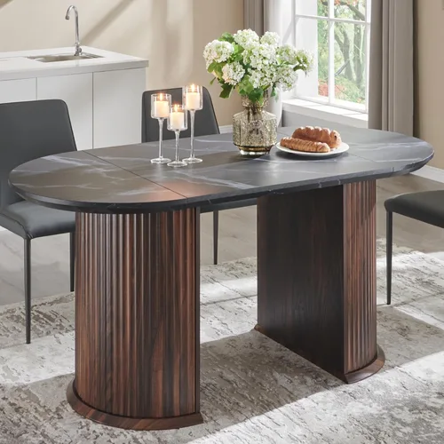 T4TREAM Mesa de comedor ovalada acanalada de 63 pulgadas para 4-6, mesa de cocina moderna de mediados de siglo con borde grueso y base