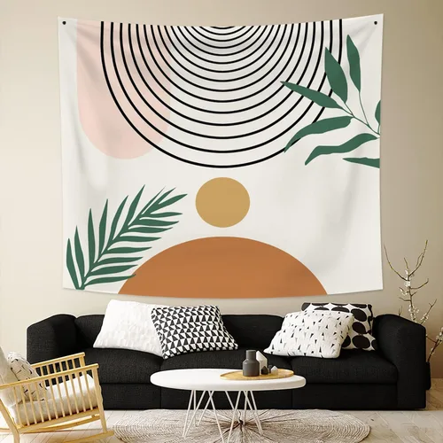 Miniatura 5 de Tapiz bohemio de mediados de siglo, moderno abstracto geométrico, tapiz con diseño de arco de sol, hojas verdes, tapices para colgar en la pared, 59