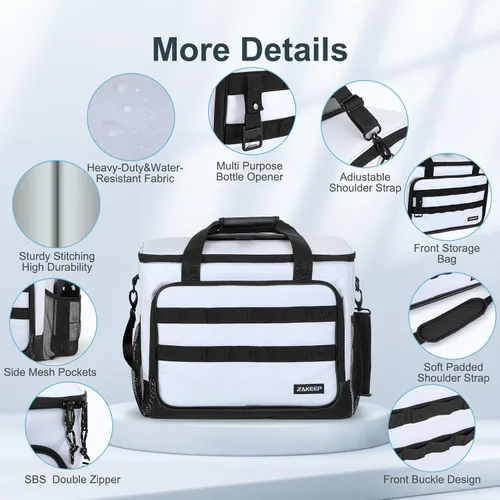 Miniatura 6 de ZAKEEP - Bolsa de enfriamiento suave, 30 latas, enfriador plegable con correas ajustables para el hombro, baúl de hielo blanco para acampar, playa