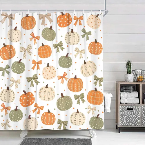 Miniatura 6 de Boho Fall Pumpkin Bow Shower Curtain for Bathroom, Waterproof Thanksgiving Harvest Autumn Bath Curtain with Hooks, Washable Privacy Curtain for Kids