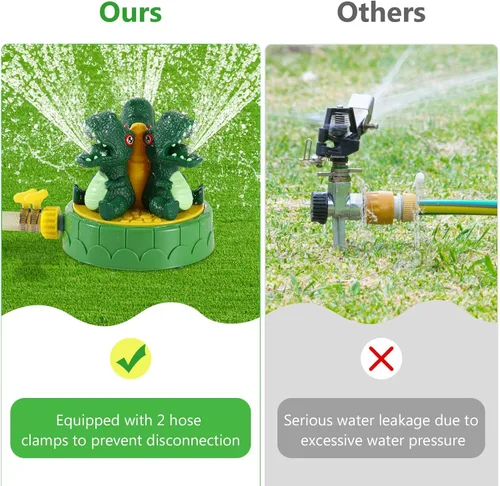 Miniatura 4 de MoKo Aspersor de dinosaurio para niños, bonito juguete de agua para exteriores, juguete de piscina con 2 abrazaderas de manguera, 3 boquillas