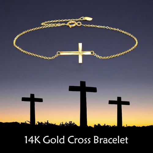 Miniatura 6 de ELFRONT Pulsera de cruz de oro amarillo de 14 quilates para mujer, regalos de joyería de cruz para ella, Oro amarillo, Sin gemas.