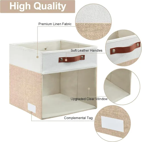 Miniatura 4 de Bagnizer Cubos de Almacenamiento, Paquete de 4 Contenedores de Almacenamiento Plegables de Lino (13 x 13 pulgadas) con Ventana Transparente y Asas