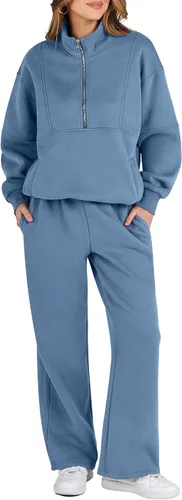 ANRABESS Conjunto de 2 piezas para mujer, sudadera de gran tamaño con media cremallera a juego, pantalón de pierna ancha, conjunto de ropa de