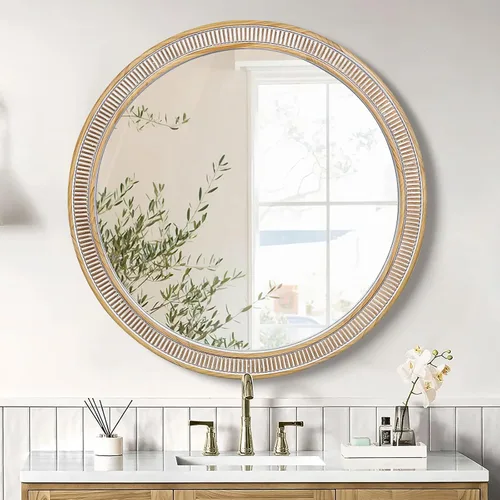 Miniatura 12 de HOITUZYUS Espejo redondo rústico de madera de 24 pulgadas para decoración de pared Espejos decorativos circulares para baño sobre fregadero