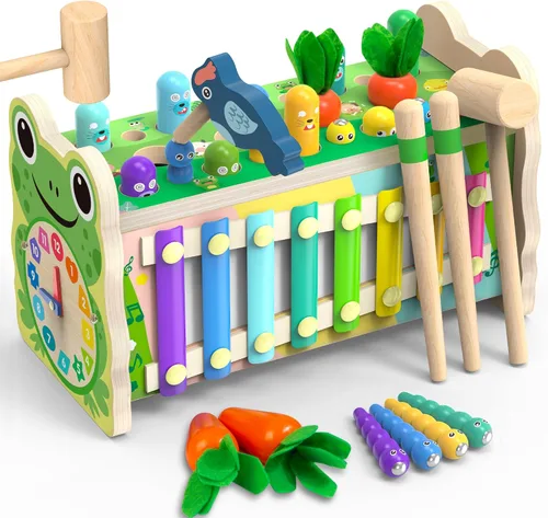 Juguetes Montessori de madera 6 en 1 para niños de 1 año, juego de tocando topos | Juega el xilófono | Reloj de rana | Juego de cosecha de
