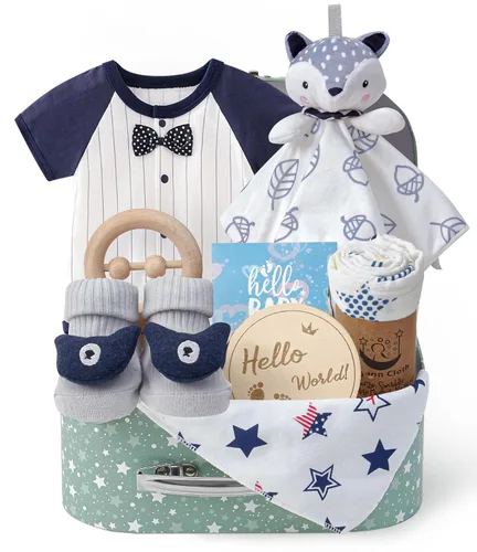 Golray Regalos para baby shower, 9 piezas esenciales para recién nacidos con zorro amoroso/manta/mameluco/sonajero de