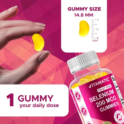 Miniatura 3 de Vitamatic Gomitas de selenio sin levadura de 200 mcg como suplemento de selenometionina mineral esencial con absorción superior, 90 gomitas a base
