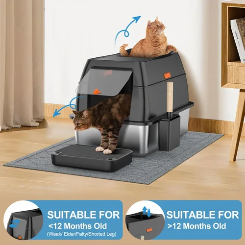 Miniatura 5 de Caja de arena de acero inoxidable con tapa, caja de arena para gatos de entrada frontal y salida superior, caja de metal cerrada extragrande
