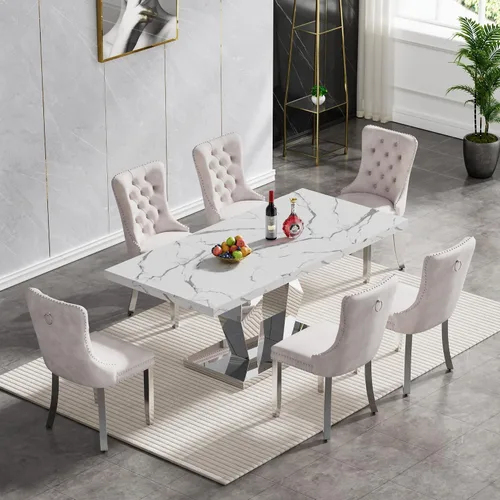 Miniatura 64 de Juego de mesa de comedor de mármol sintético, 7 piezas, juego de mesa de cocina y comedor para 6, mesa de comedor rectangular blanca de 70 pulgadas