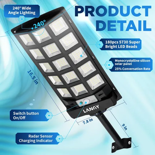 Miniatura 2 de LANGY Farolas solares impermeables para exteriores, sensor de movimiento de 6500 K del atardecer al amanecer con control remoto, luz LED