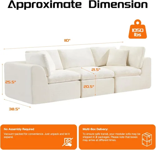 Miniatura 2 de Sofás de nube beige para sala de estar, sofá deshuesado de 3 plazas, sofá modular seccional, no requiere montaje, tapizado de chenilla, moderno