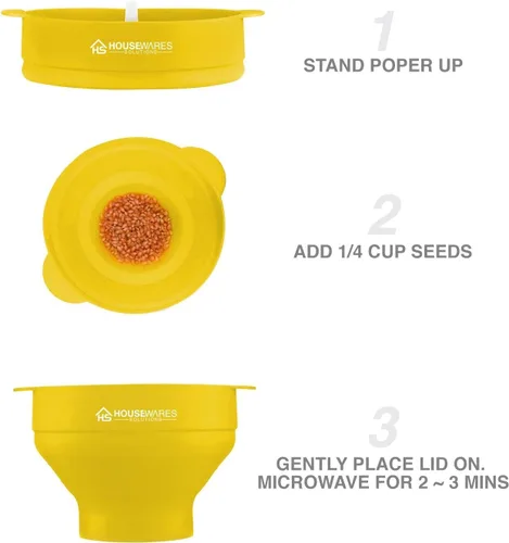 Miniatura 4 de Tazón plegable de silicona para microondas con aire caliente para hacer palomitas de maíz con tapa y asas (Amarillo)
