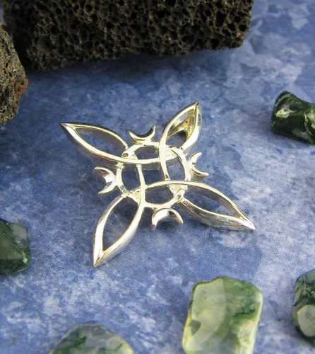 Miniatura 4 de Woot & Hammy Witch's Knot with Four Crescent Moons Pendant, Four Pointed Celtic Knot,100% Sterling Silver, Handmade