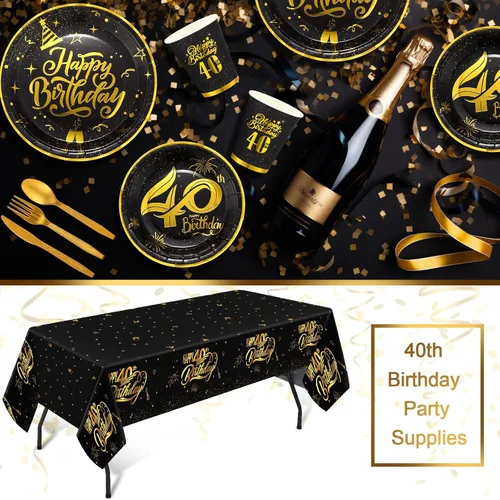 Miniatura 4 de Yaomiao 146 platos y servilletas de cumpleaños de 40 años, suministros para fiesta, vajilla de cumpleaños temática 40, suministros de fiesta vintage