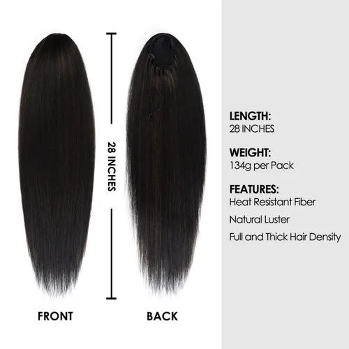 Miniatura 3 de GLAM21USA Extensión de cola de caballo recta de 28 pulgadas de largo con cordón para mujeres negras, extensión de cabello natural con clip, pieza