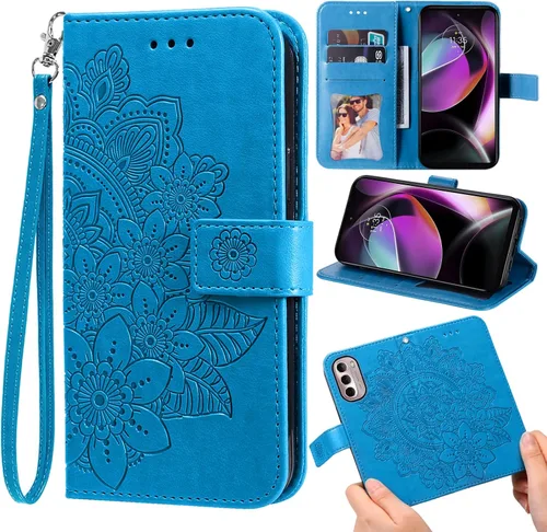 Compatible con Moto G Stylus 2022 4G - Funda tipo cartera y protector de correa de muñeca de cuero con tapa para tarjetas de crédito, monedero,