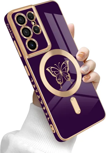 Miniatura 19 de Newseego Funda magnética para Samsung Galaxy S21 Plus 5G, bonita funda de lujo con borde chapado de mariposa para mujeres, niñas y hombres, TPU