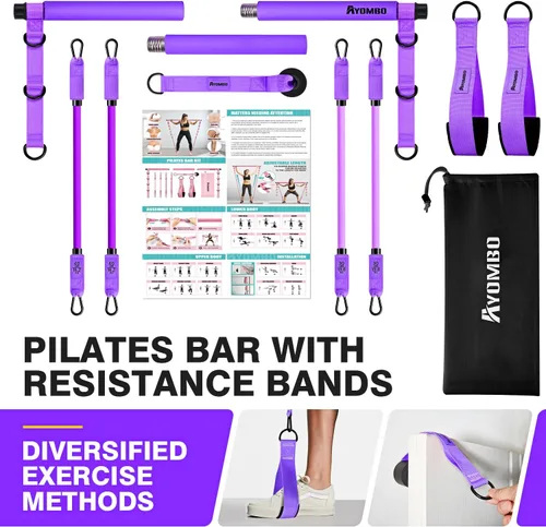 Miniatura 7 de Kit de barra de pilates Ayombo con bandas de resistencia, equipo de entrenamiento de pilates para piernas, cadera, cintura, brazo, equipo de Púrpura