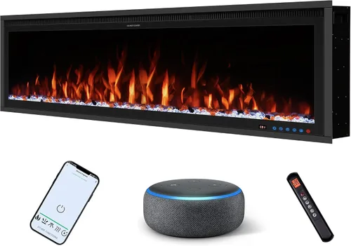 Calentador eléctrico inteligente de 60 pulgadas de ancho, chimenea de imitación empotrada y montada en la pared con control remoto y aplicación, 13