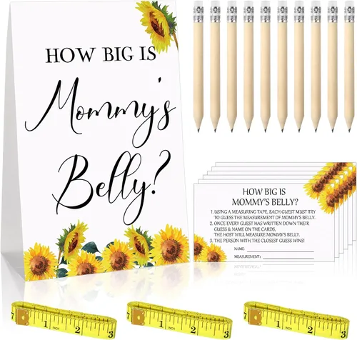 Miniatura 16 de Sabary 64 Piezas Juegos de Baby Shower Incluyen Letrero How Big is Mommy's Belly Sign Measure Bump Game 50 Tarjetas 10 Lápices 3 Cintas Métricas