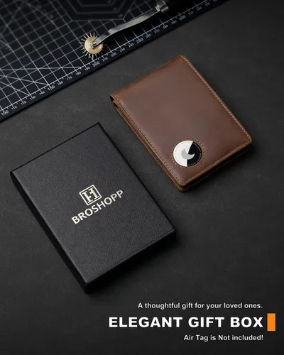 Miniatura 6 de Billetera AirTag para hombre, de piel auténtica plegable con bloqueo Rfid AirTag con ranuras para efectivo y ventana de identificación, compatible