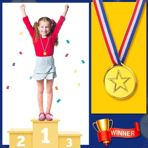 Miniatura 4 de Sotiff Medallas ganadoras de plástico para niños, medallas de oro para fiestas, juegos, deportes, disfraces y más, 1.4 x 1.7 pulgadas