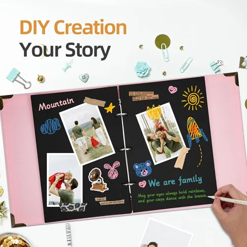 Miniatura 2 de Vienrose Kit de álbum de fotos de bricolaje con bolígrafos, cintas y calcomanías, 60 páginas, tapa dura de 8.5 x 11 pulgadas, 3 anillos, papel negro