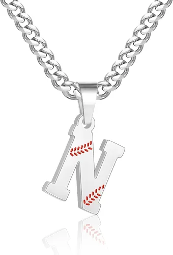 Miniatura 29 de Avotto Collar de béisbol con letra inicial de la A a la Z para niños y hombres, cadena cubana de acero inoxidable resistente que no se decolora