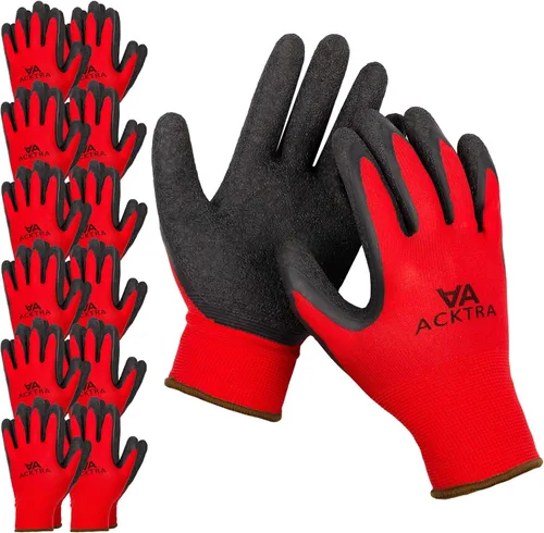 ACKTRA Guantes de trabajo de seguridad de nailon recubierto, 12 pares, muñequera de punto, multiusos, para hombres y mujeres, WG008 poliéster rojo,