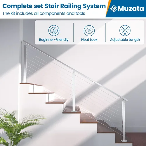 Miniatura 6 de Muzata Kit completo de barandilla de cable de montaje lateral de 3 pies a 6 pies 6 pulgadas para escaleras, sistema de barandilla de cable cepillado