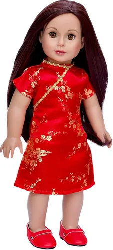 Asian Beauty - Vestido tradicional asiático rojo y dorado con zapatos rojos, ropa para muñecas de 18 pulgadas (toll no incluido) | Vestido