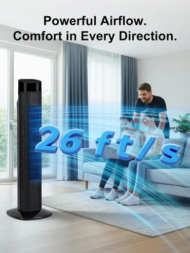 Miniatura 2 de Uthfy Ventilador de torre para dormitorio, ventilador oscilante de 120° con modo de sueño silencioso, 3 velocidades y 3 modos, temporizador 7.5H