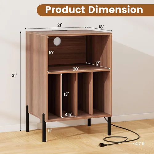 Miniatura 5 de Tangkula Soporte para tocadiscos, mesa auxiliar giratoria con estación de carga y armario de almacenamiento de discos de vinilo con capacidad