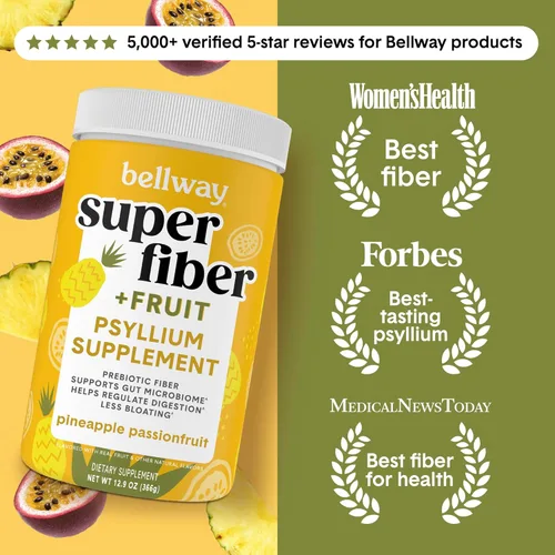 Miniatura 2 de Bellway Polvo súper fibra + fruta, sin azúcar, suplemento de fibra en polvo de cáscara de psyllium orgánico para regularidad, alivio de la hinchazón