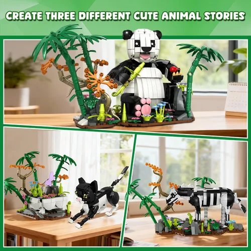 Miniatura 2 de HiWEEGO Juego de construcción de animales salvajes 3 en 1 - Figuras de animales con 3 opciones de construcción Panda Gato Cebra, juguete de bloques
