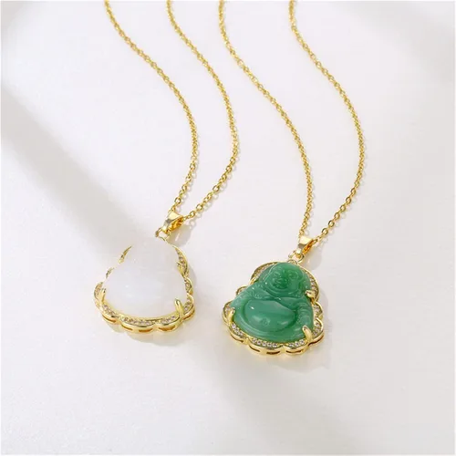 Miniatura 4 de Juego de 2 collares con dije de Buda de la suerte que ríe, cadena ajustable de eslabones de acero inoxidable, collar budista de cuentas de circonita