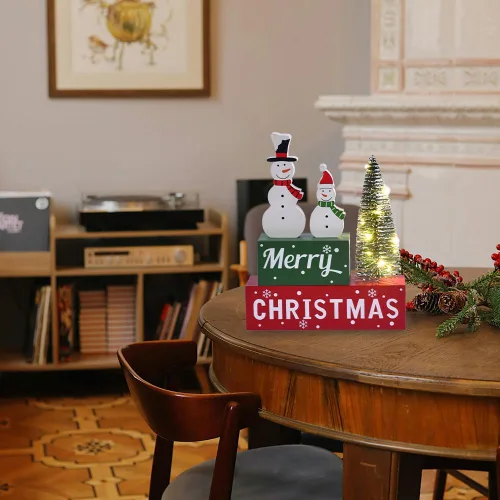 Miniatura 7 de Decoración de Navidad Feliz para interiores, letrero de mesa de muñeco de nieve de madera de Navidad, decoración de árbol de Navidad iluminada