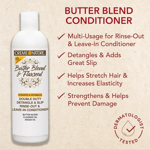 Miniatura 3 de Creme of Nature Acondicionador doble para desenredar y deslizar y enjuagar con mezcla de mantequilla, aceite de linaza y argán, rico en humedad