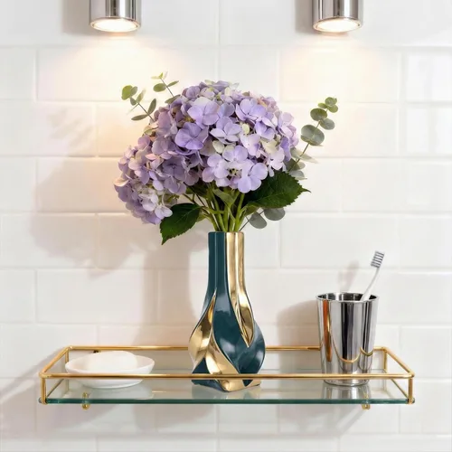 Miniatura 3 de Jarrón de cerámica verde y dorado de 10.6 pulgadas, moderno jarrón de flores geométrico para centro de mesa de comedor, elegante jarrón decorativo