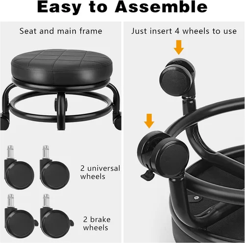 Miniatura 4 de Taburete bajo con ruedas de baja altura, asiento de cuero sintético, silla pequeña, taburetes rodantes redondos para oficina en casa, garaje, tienda