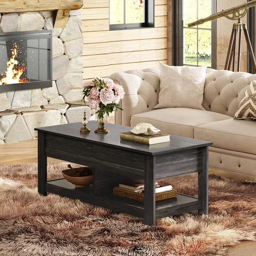 Miniatura 6 de WLIVE - Mesa de centro con parte superior elevable de 47", mesa de centro con compartimento oculto y 2 estantes de almacenamiento para sala de Roble