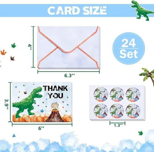 Miniatura 2 de WERNNSAI 24 tarjetas de agradecimiento de dinosaurio, decoraciones de fiesta de dinosaurios, tarjetas de agradecimiento para niños con sobres, Niño