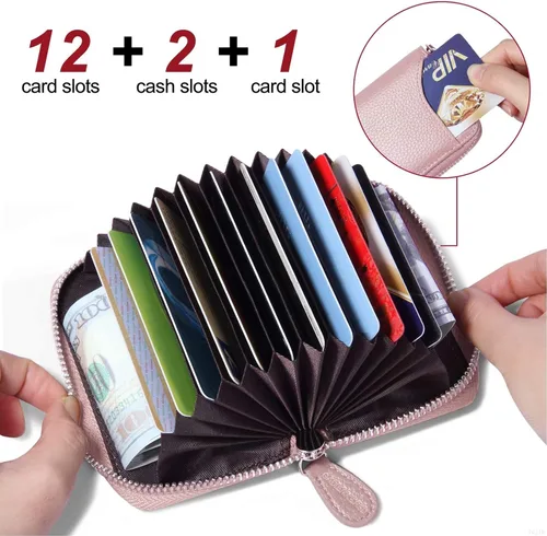 Miniatura 2 de GADIEMKENSD Tarjetero de tarjeta de crédito pequeño RFID cartera cremallera cuero genuino acordeón carteras, Rosado, Mejorado