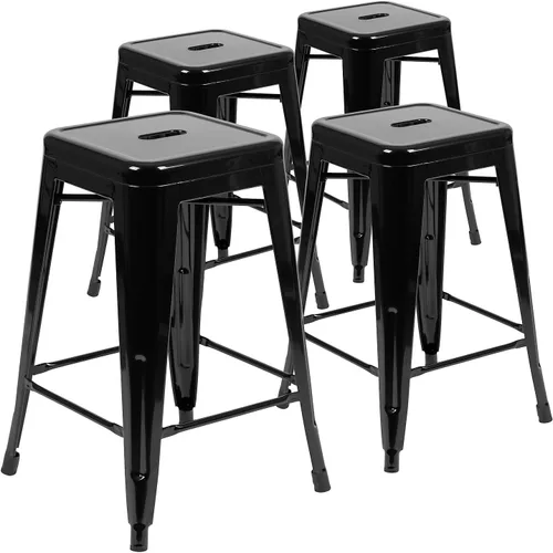 Miniatura 40 de Taburete de 24 pulgadas de alto para interior y exterior con asiento cuadrado., Metal, Negro