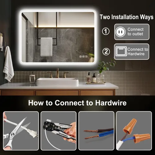 Miniatura 7 de S'bagno Espejo de baño LED de 32 x 24 pulgadas con luces, altavoz Bluetooth, antivaho e impermeable, espejo de pared regulable con control táctil, 3