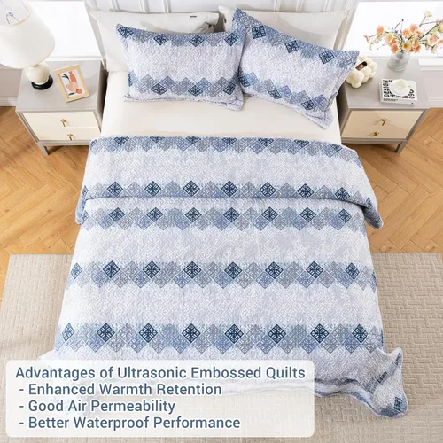 Miniatura 3 de Mooreeke Colchas ultrasónicas en relieve tamaño Queen, colchas ligeras con patrón geométrico de rayas grises y azules con fundas, colcha