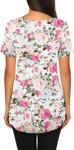 Miniatura 5 de Blusón plisado de manga corta con estampado floral y cuello Henley en V para mujer, con vuelo.